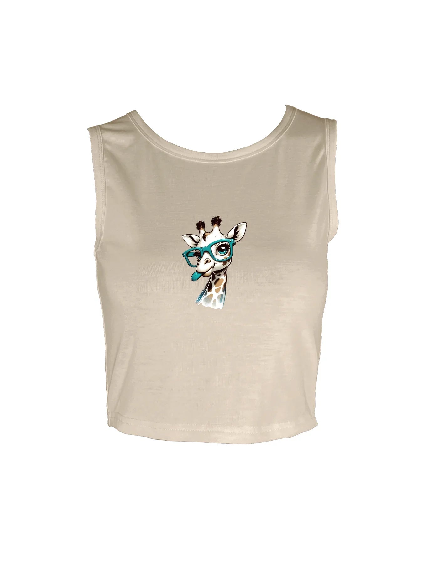 Adorable Giraffe With Teal Glasses Graphic Print Crop Tank Top, Sleeveless Casual Top For Summer & Spring, Women's Clothing