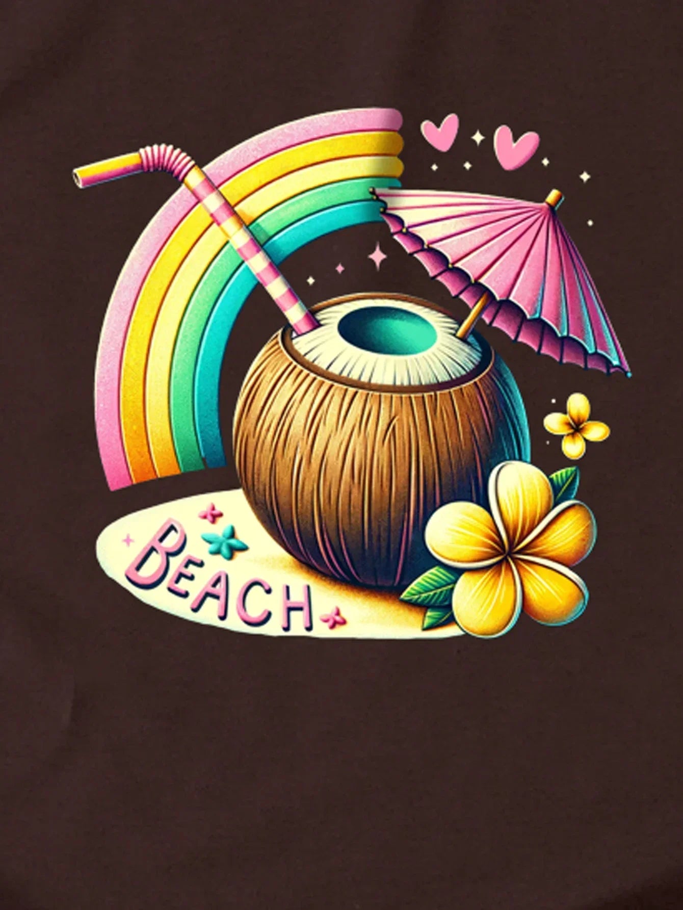 Women's Retro Cute Holiday Style T-Shirt, Rainbow and Coconut Print, Short Sleeve Crew Neck Casual Top for Summer and Spring