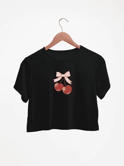 Adorable Cherry And Bow Design Print Crew Neck Crop T-Shirts Casual Short Sleeve Top For Spring & Summer Women's Clothing