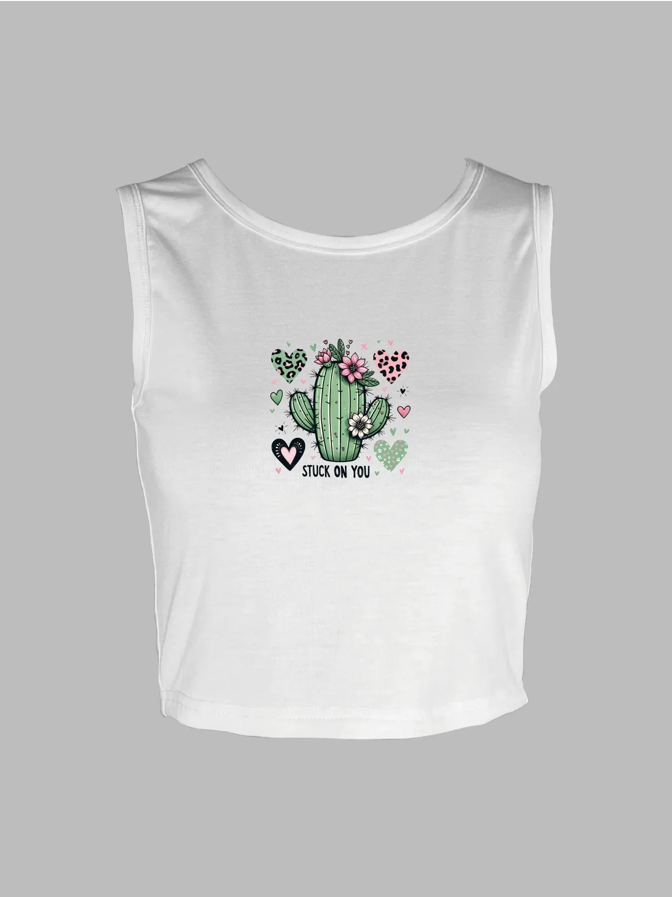 Adorable Cactus With Hearts And Flowers Print Crop Tank Top, Sleeveless Casual Top For Summer & Spring, Women's Clothing