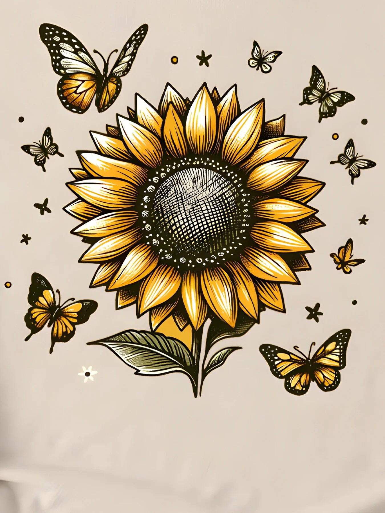 Women's Sunflower and Butterflies Illustration Print T-shirt, Short Sleeve, Crew Neck, Casual Top for Summer and Spring