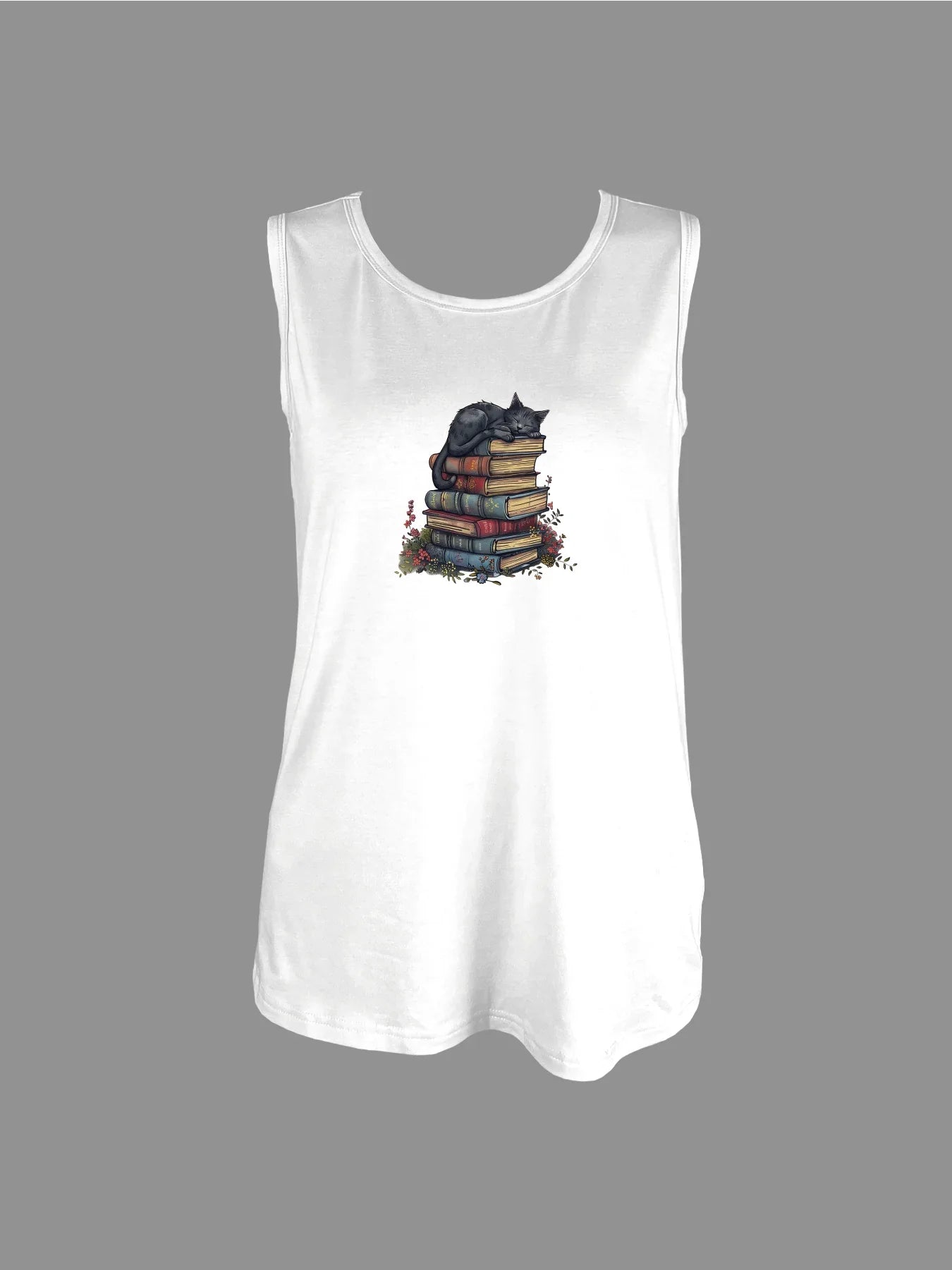 Adorable Cat Napping On Books Graphic Print Tank Top Sleeveless Casual Top For Summer & Spring Women's Clothing