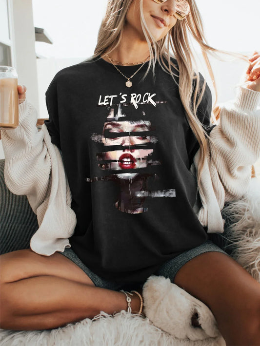 'Let's Rock' Slogan and Distorted Portrait Print T-shirt Short Sleeve Crew Neck Casual Top For Summer&Spring Women's Clothing