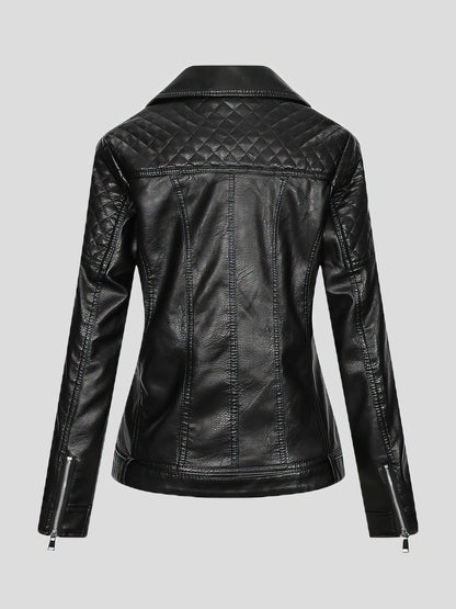 Sleek Zippered PU Leather Jacket with Lapel Collar