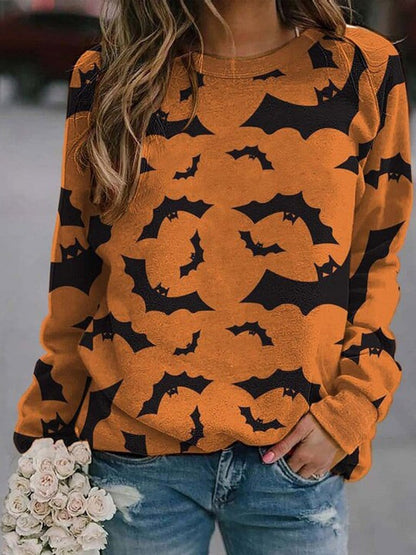 Stylish Bat Print Long Sleeve T-Shirt with Round Neck