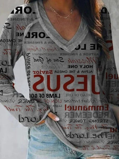 Stylish Letter Print V-Neck Long Sleeve Tee