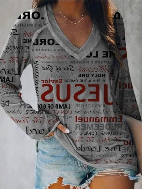 Stylish Letter Print V-Neck Long Sleeve Tee