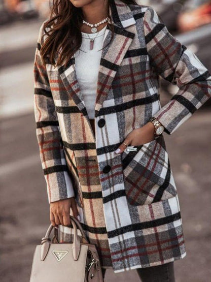 Stylish Loose Lapel Woolen Coat with Checkered Pockets