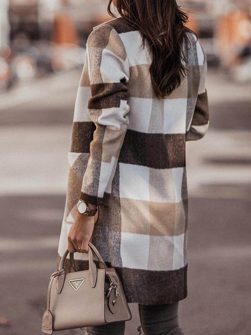 Stylish Loose Lapel Woolen Coat with Checkered Pockets