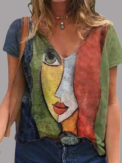 Unique Abstract Print V-neck T-Shirts with Short Sleeves