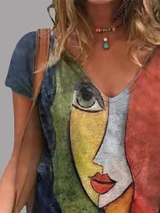 Unique Abstract Print V-neck T-Shirts with Short Sleeves