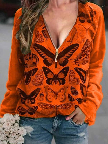 V-Neck Butterfly Print Zipper T-Shirt with Long Sleeves