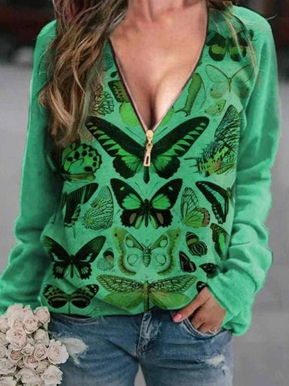 V-Neck Butterfly Print Zipper T-Shirt with Long Sleeves