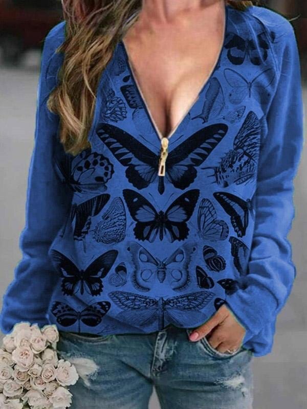 V-Neck Butterfly Print Zipper T-Shirt with Long Sleeves