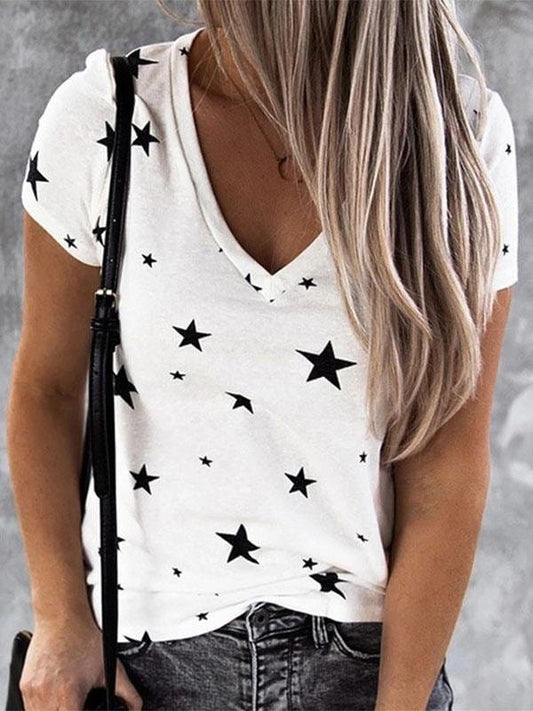 V-neck Star Print Short-sleeved T-shirt with Stylish Drop Shoulder