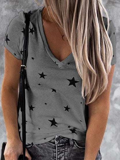 V-neck Star Print Short-sleeved T-shirt with Stylish Drop Shoulder