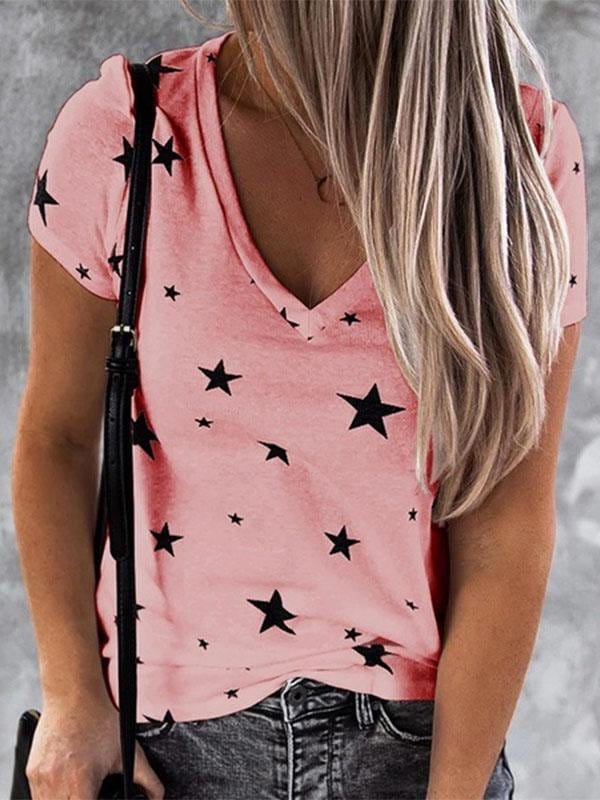 V-neck Star Print Short-sleeved T-shirt with Stylish Drop Shoulder