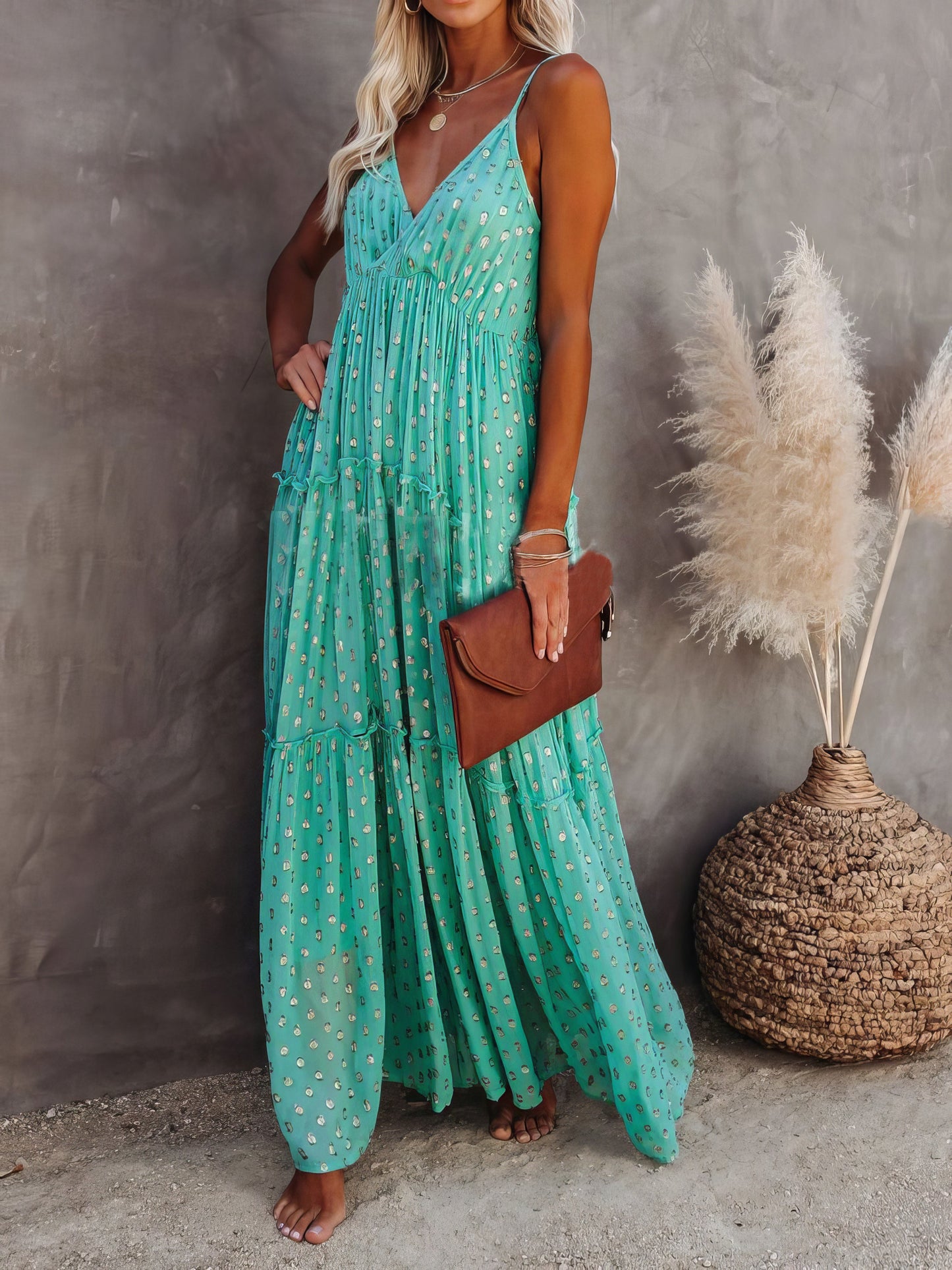 Maxi Dresses - Leopard Dot Sling V-Neck Sleeveless Dress - MsDressly