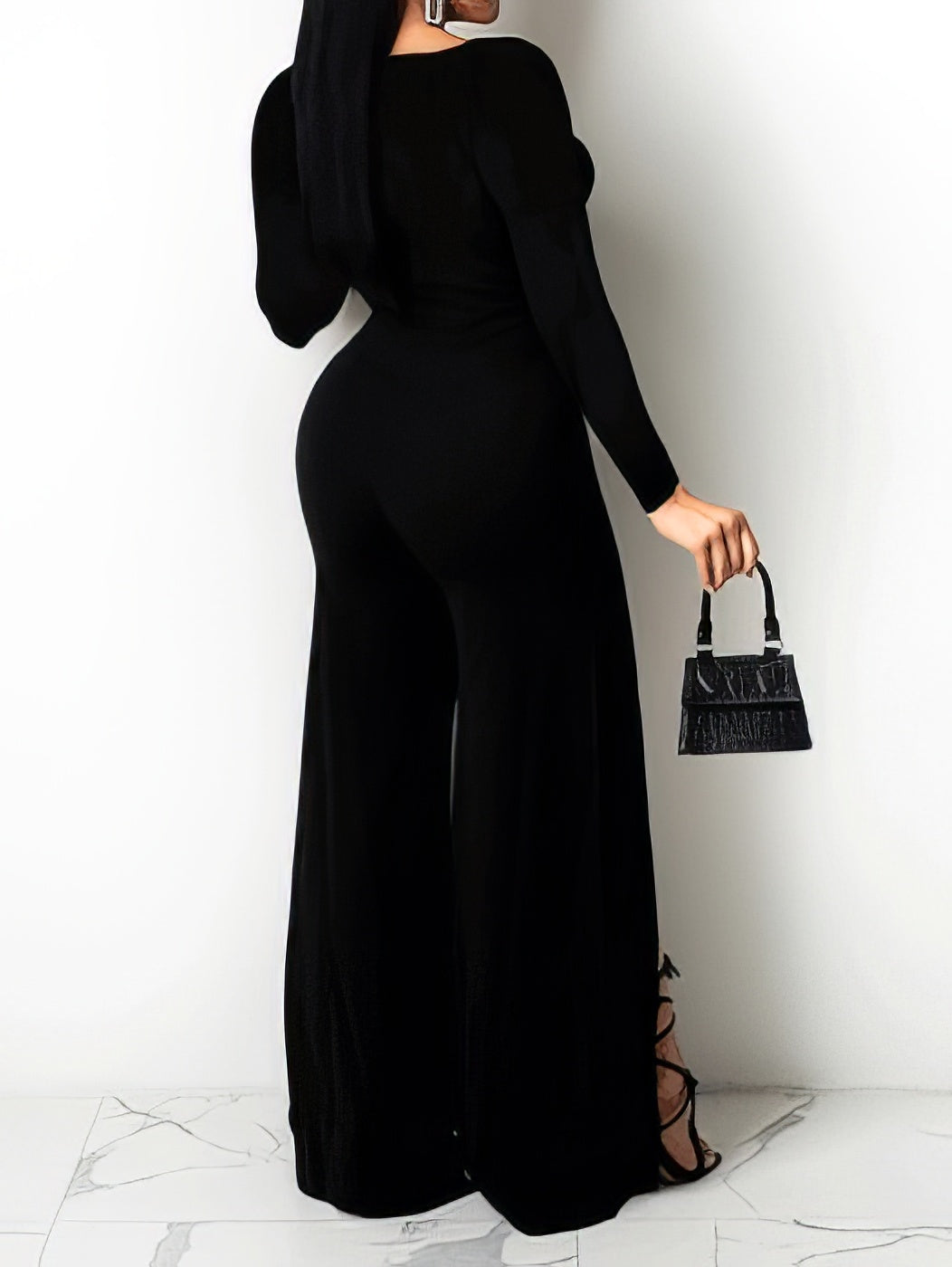 Jumpsuits - Solid V-Neck Long Sleeve Slit Jumpsuit - MsDressly