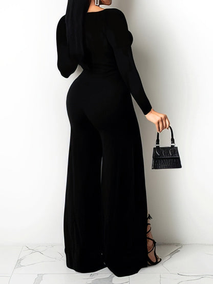 Jumpsuits - Solid V-Neck Long Sleeve Slit Jumpsuit - MsDressly