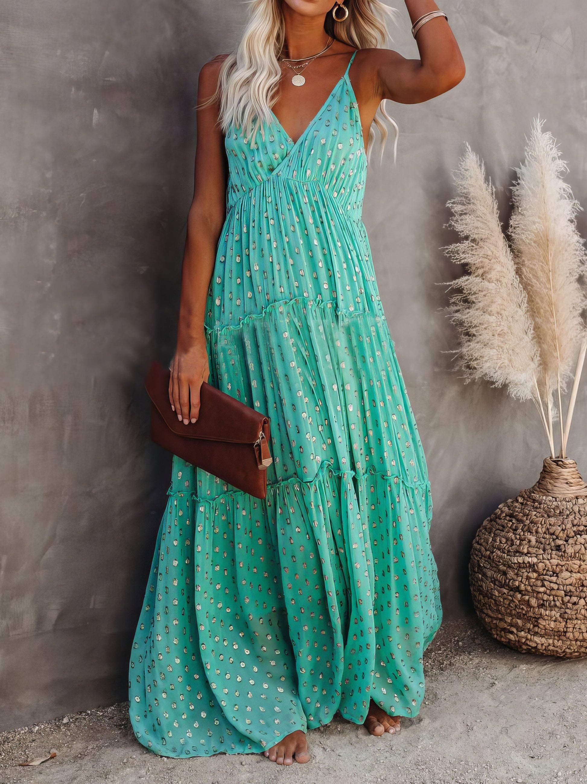 Maxi Dresses - Leopard Dot Sling V-Neck Sleeveless Dress - MsDressly