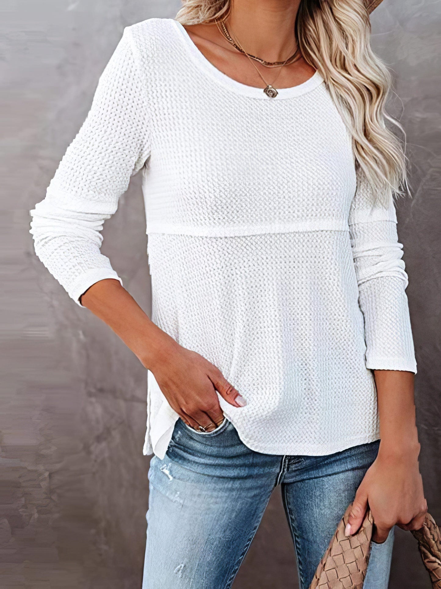 Waffle Textured Round Neck Long Sleeve Tee