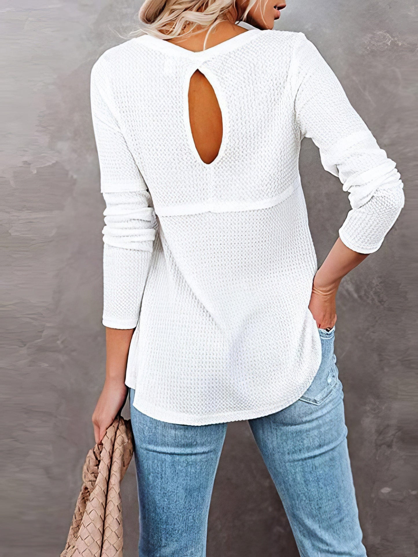 Waffle Textured Round Neck Long Sleeve Tee