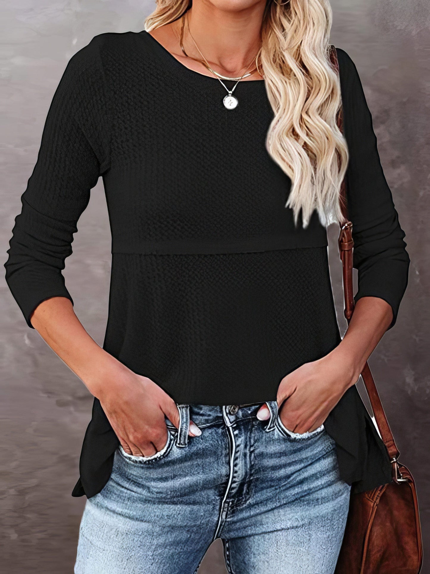 Waffle Textured Round Neck Long Sleeve Tee