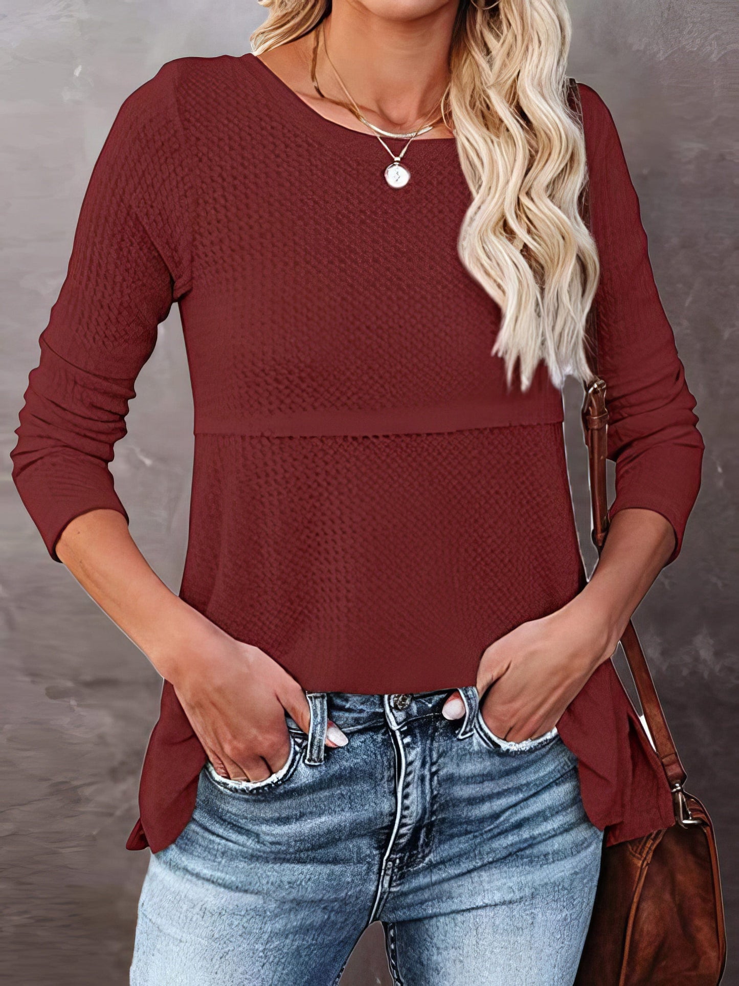 Waffle Textured Round Neck Long Sleeve Tee