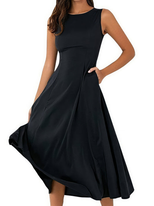 Women's Sleeveless Black Swing Dress with Round Neck