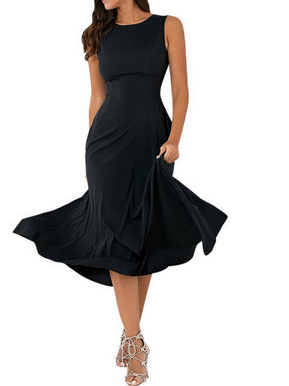 Women's Sleeveless Black Swing Dress with Round Neck