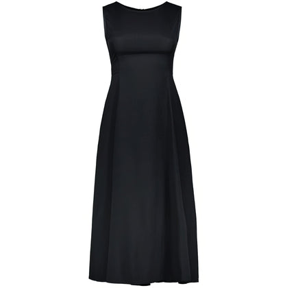 Women's Sleeveless Black Swing Dress with Round Neck