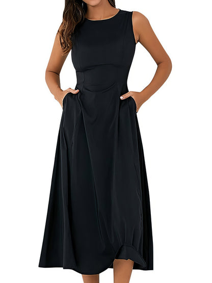 Women's Sleeveless Black Swing Dress with Round Neck