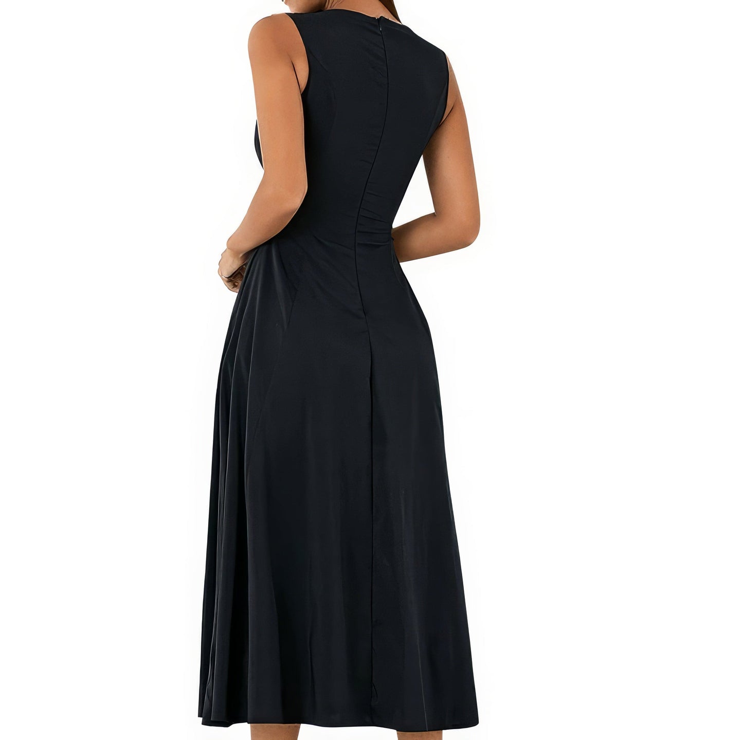 Women's Sleeveless Black Swing Dress with Round Neck