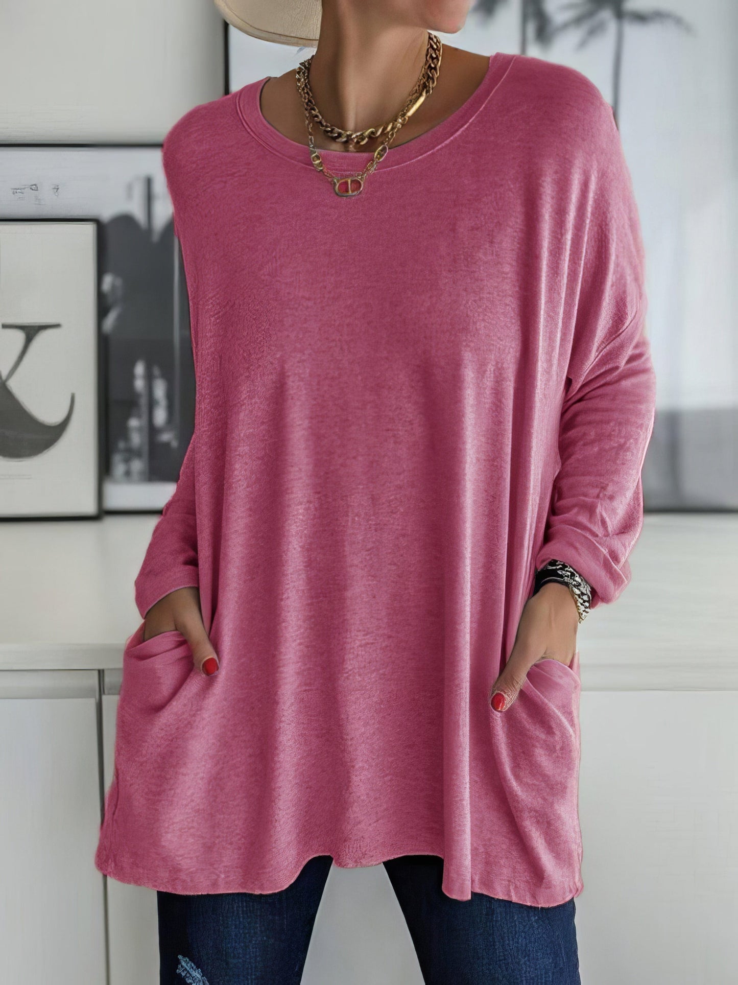 Women's T-Shirts Loose Solid Round Neck Pocket Long Sleeve T-Shirt