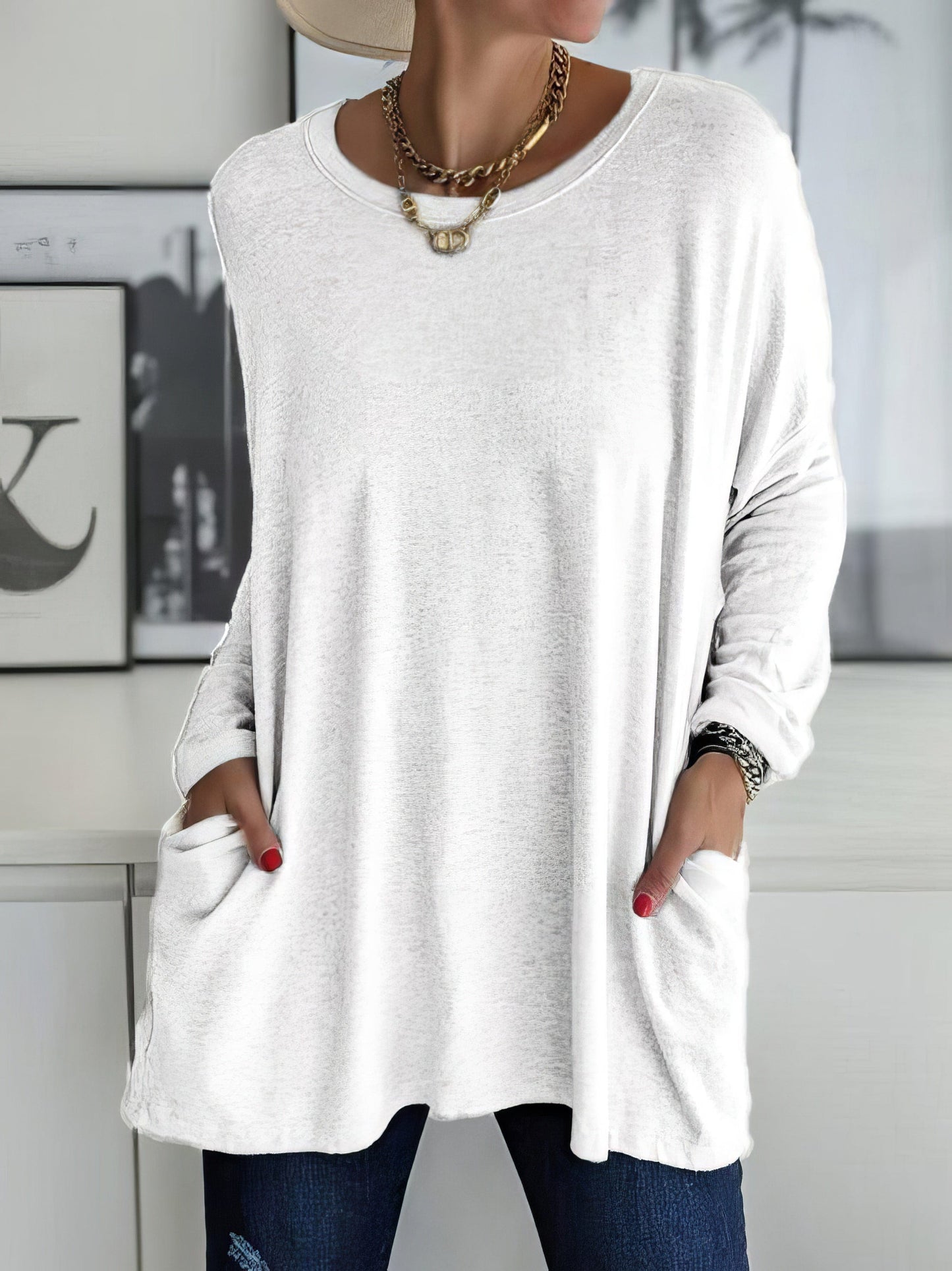 Women's T-Shirts Loose Solid Round Neck Pocket Long Sleeve T-Shirt