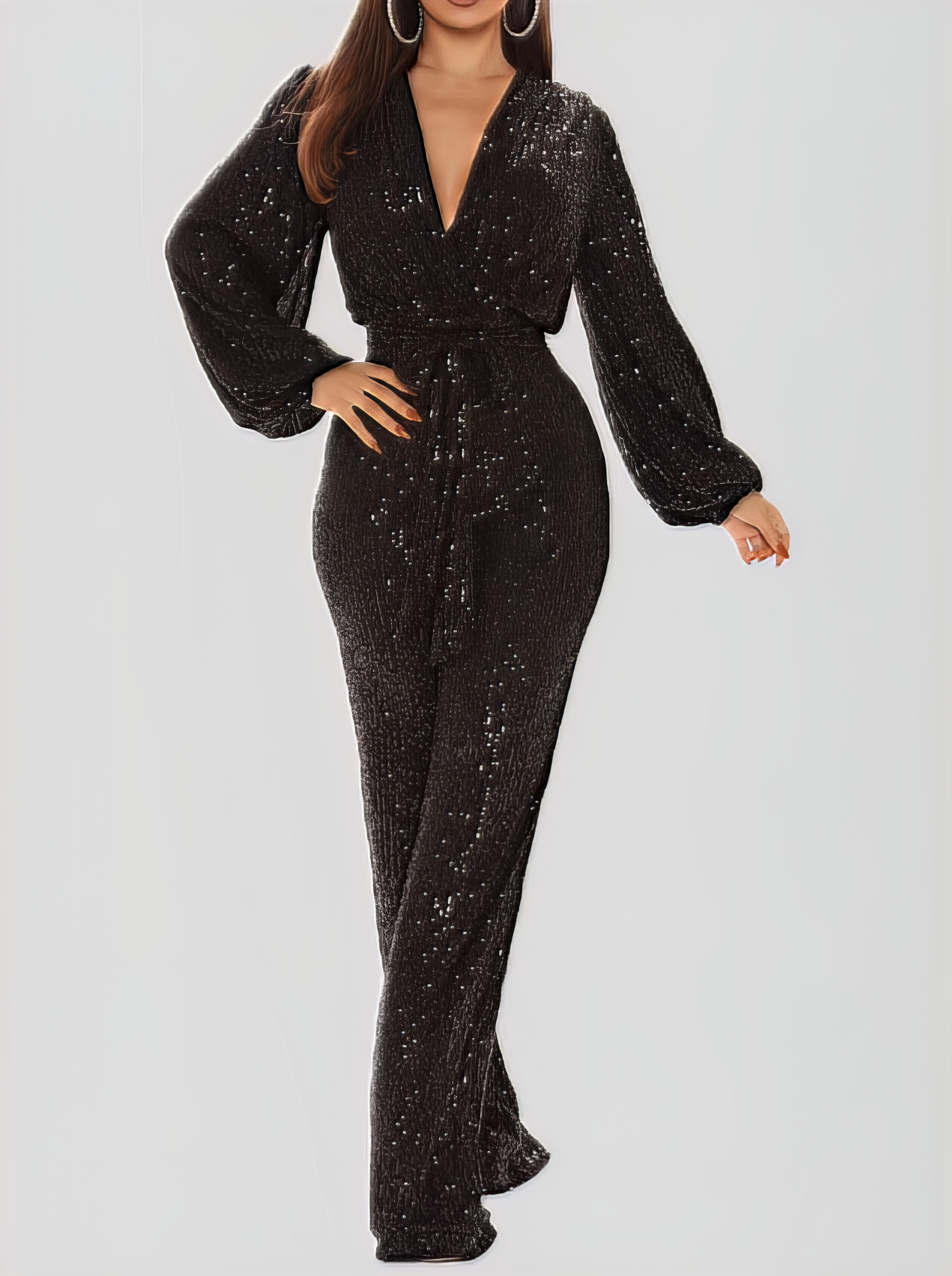 Jumpsuits - Deep V-Neck Sequined Long Sleeve Wide-Leg Jumpsuit - MsDressly