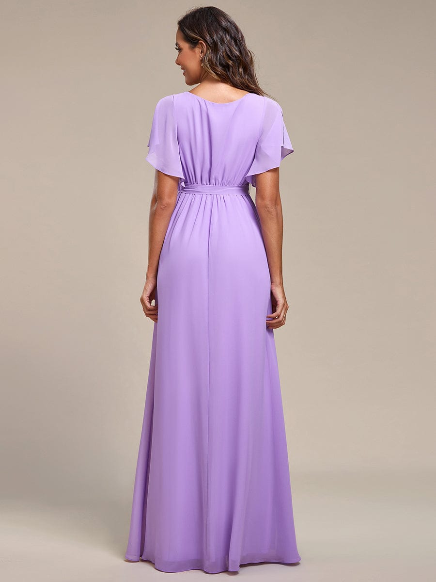 A-Line Bridesmaid Gown with Deep V Neck and Ruffled Sleeves