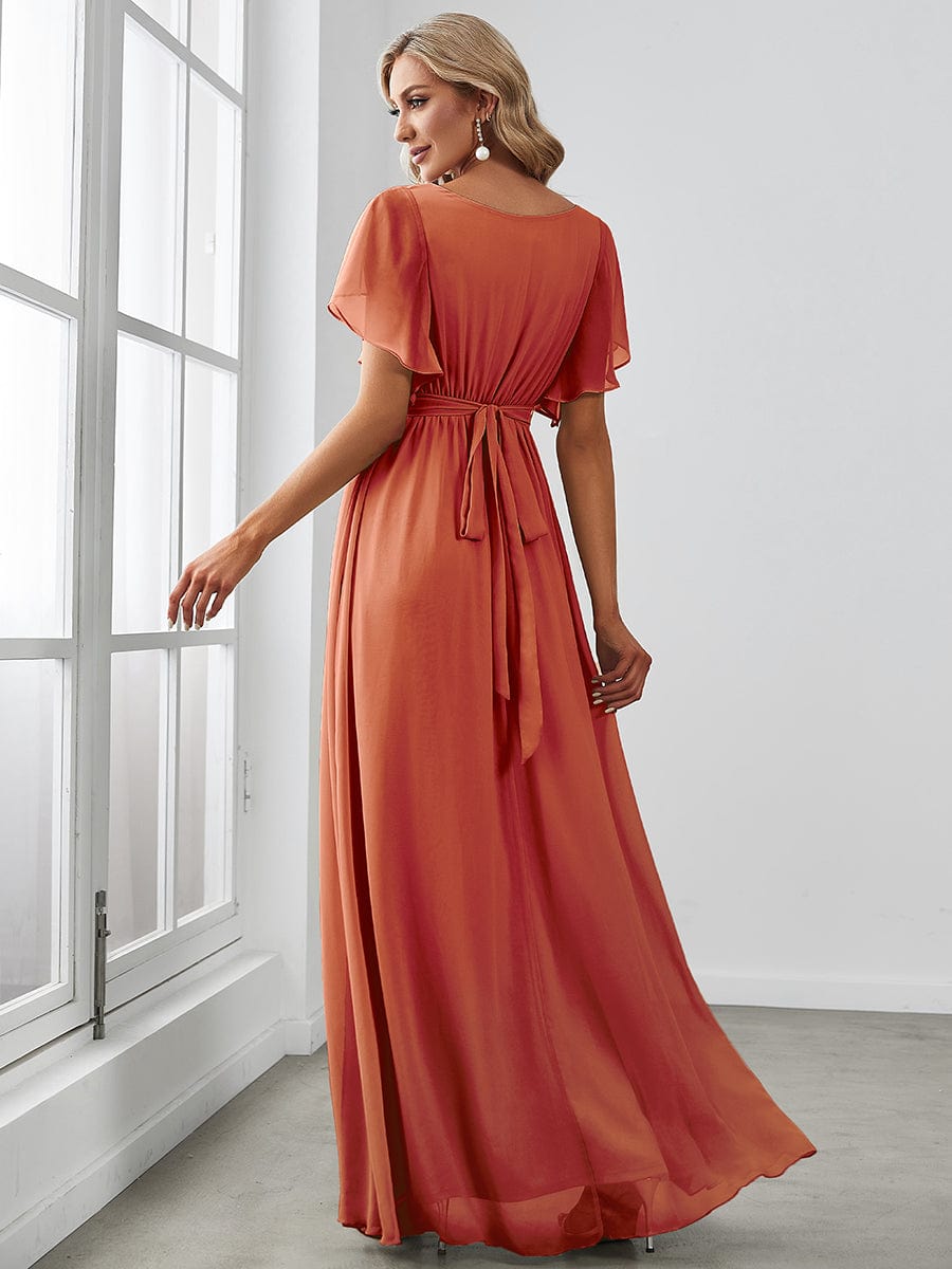 A-Line Bridesmaid Gown with Deep V Neck and Ruffled Sleeves