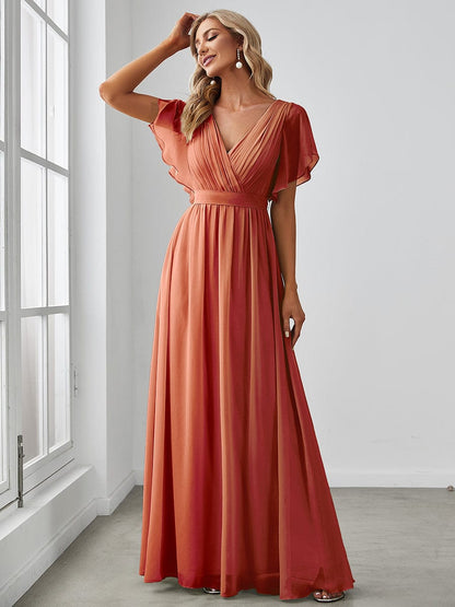 A-Line Bridesmaid Gown with Deep V Neck and Ruffled Sleeves