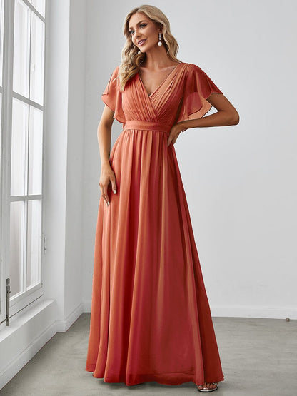 A-Line Bridesmaid Gown with Deep V Neck and Ruffled Sleeves