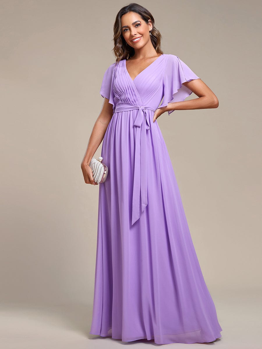 A-Line Bridesmaid Gown with Deep V Neck and Ruffled Sleeves