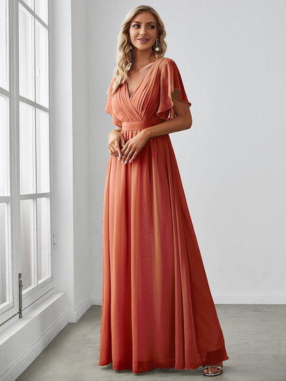 A-Line Bridesmaid Gown with Deep V Neck and Ruffled Sleeves