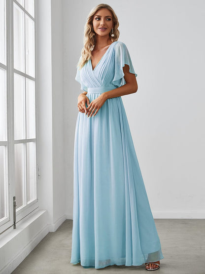 A-Line Bridesmaid Gown with Deep V Neck and Ruffled Sleeves