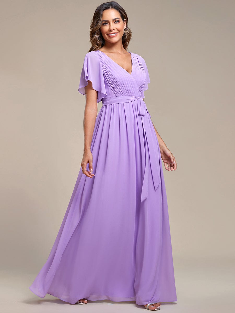 A-Line Bridesmaid Gown with Deep V Neck and Ruffled Sleeves