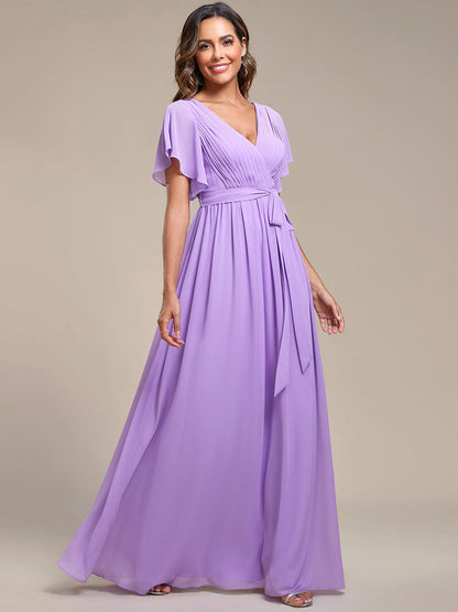 A-Line Bridesmaid Gown with Deep V Neck and Ruffled Sleeves