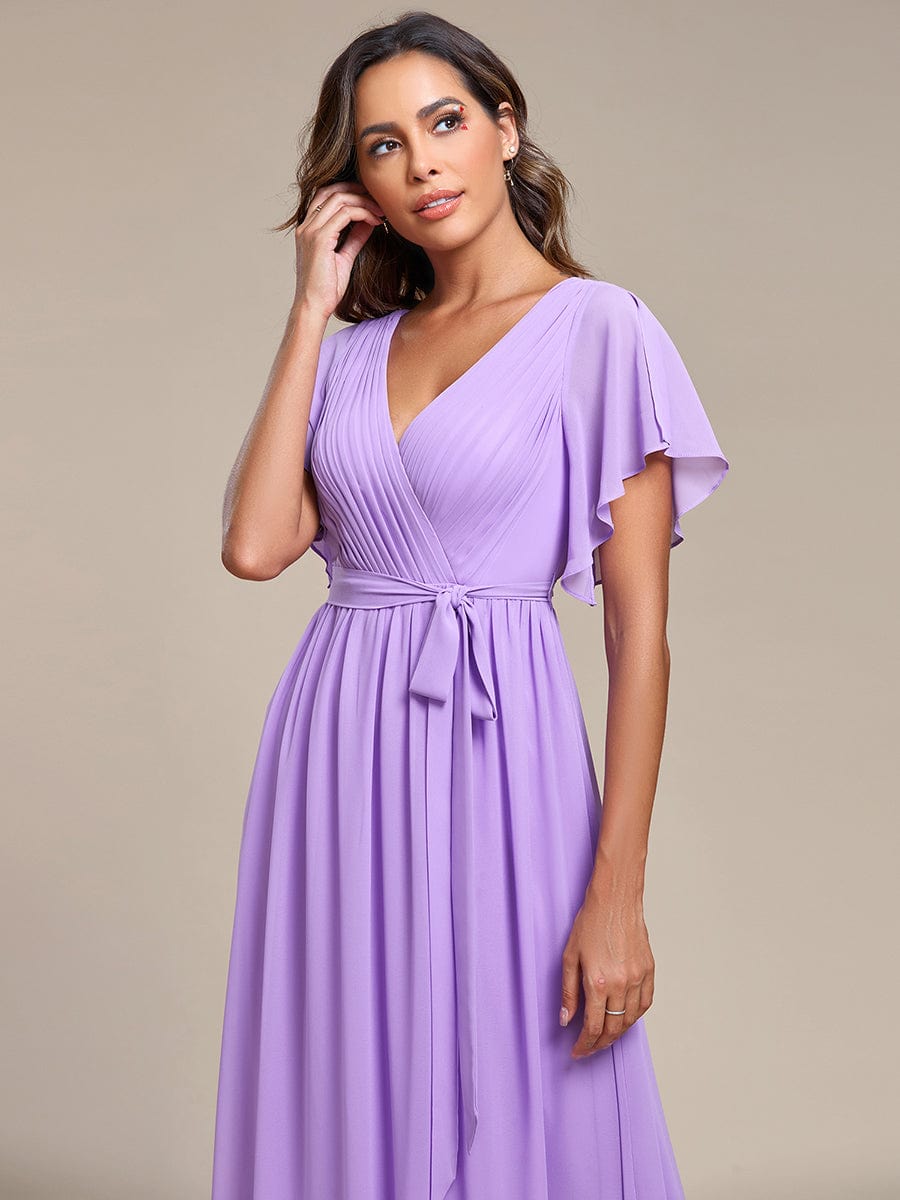 A-Line Bridesmaid Gown with Deep V Neck and Ruffled Sleeves