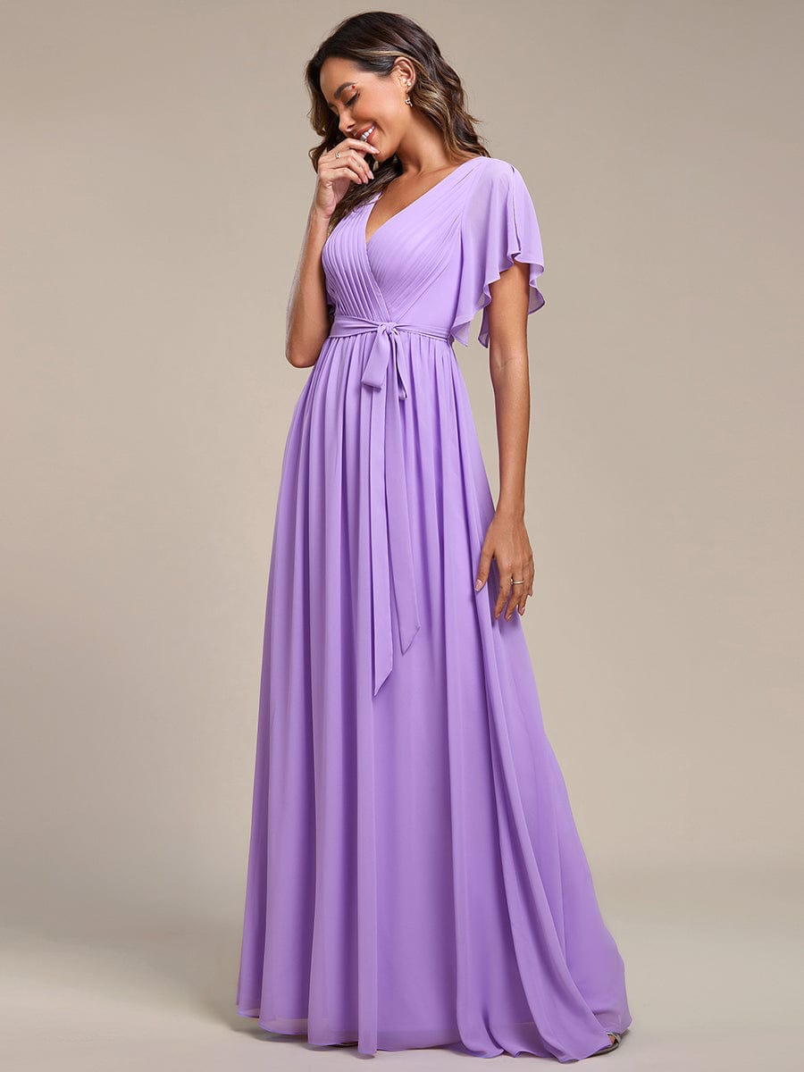 A-Line Bridesmaid Gown with Deep V Neck and Ruffled Sleeves