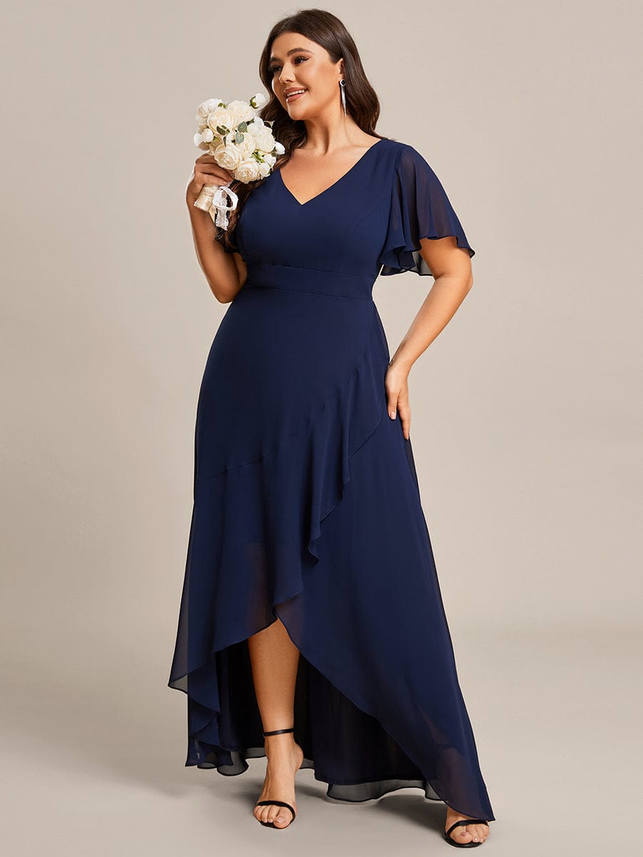 A-Line Chiffon Bridesmaid Dress with High-Low Ruffles in V-Neck Style