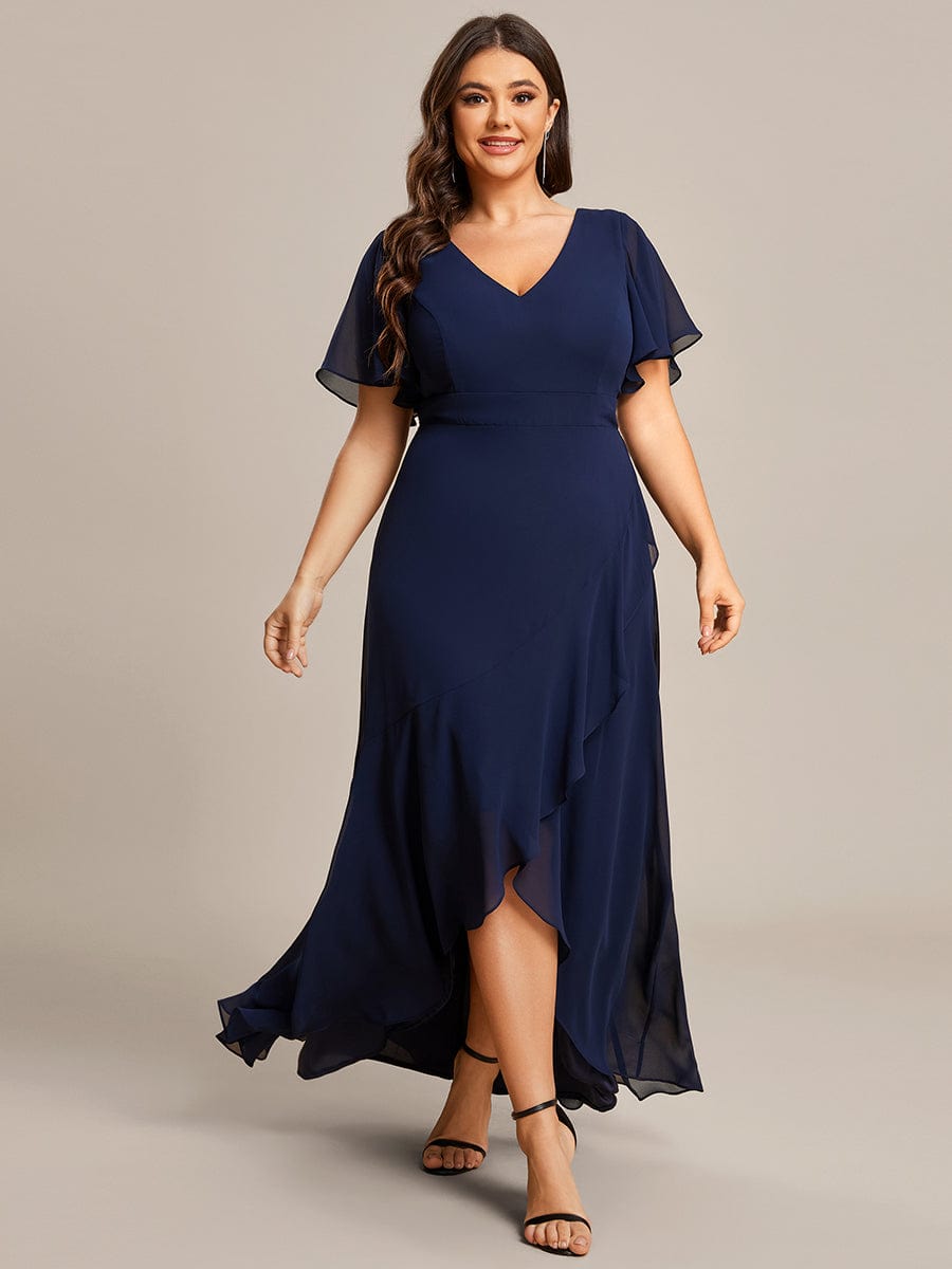 A-Line Chiffon Bridesmaid Dress with High-Low Ruffles in V-Neck Style